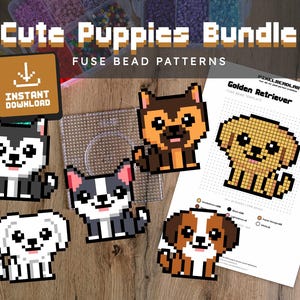 May include: Pixel art designs of various puppies, such as a husky and a Golden Retriever, are displayed. The image features the text "Cute Puppies Bundle" and "Fuse Bead Patterns". An "Instant Download" icon is also visible.