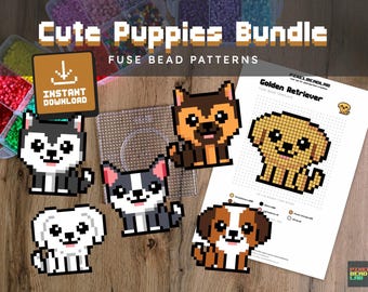 Patrón de cuentas fusibles | Lote de cachorros adorables: beagle, bulldog, pastor, golden retriever, maltés y husky | Descarga digital en PDF (EE. UU. y A4)