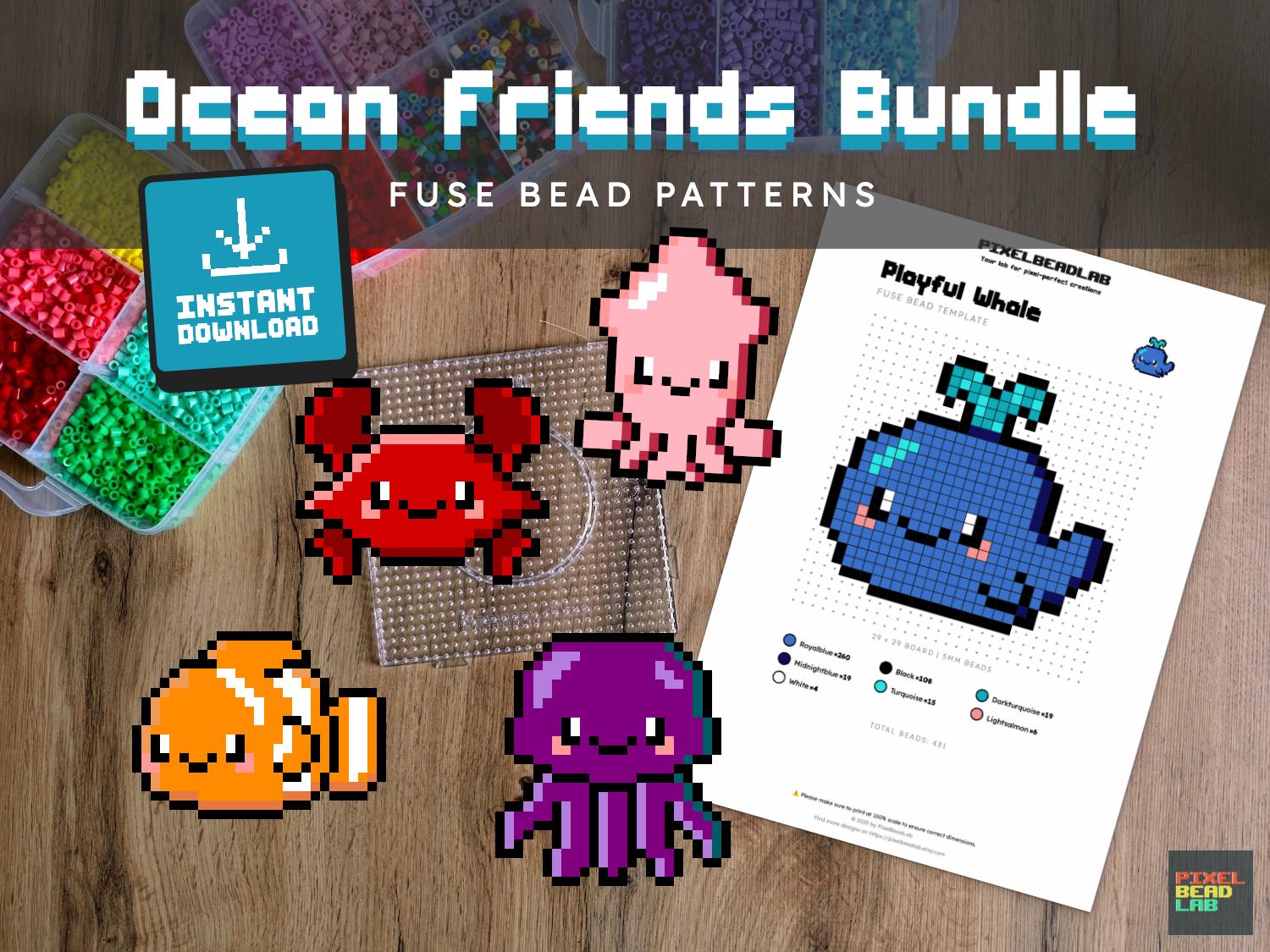 Fuse Beads Pattern | Ocean Friends - 5 Cute Designs: Whale, Squid, Clownfish, Jellyfish and Crab | Digital Download PDF (US & A4)