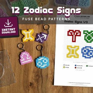 May include: Image featuring colorful fuse bead keychains and patterns of zodiac signs. The keychains are in the shapes of Gemini, Sagittarius, Libra, and Aquarius. A sheet shows patterns for other zodiac signs. The text "12 Zodiac Signs" is visible.