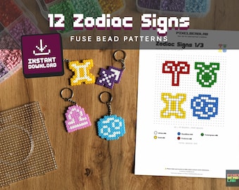 Patrón de cuentas fusibles | 12 signos del zodiaco | Diseño ideal para llaveros | Descarga digital en PDF (EE. UU. y A4)