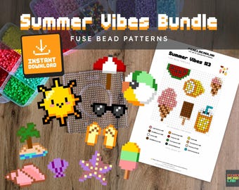 Fuse Beads Pattern | Summer Vibes Bundle - 16 Summer Vibing Designs | Digital Download PDF (US & A4)