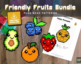 Fuse Beads Pattern | Friendly Fruits - 5 Cute Designs: Pineapple, Orange, Avocado, Strawberry and Blueberry | Digital Download PDF (US & A4)
