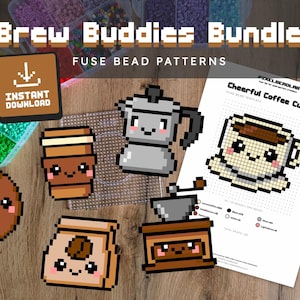 May include: A collection of pixel art coffee-themed fuse bead patterns. The image includes a coffee bean, a to-go cup, a coffee maker, a coffee grinder, a bag of coffee beans, and a coffee cup design. The words "Brew Buddies Bundle" and "Instant Download" are also visible.