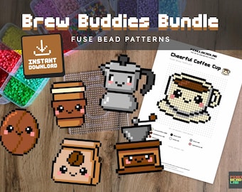 Fuse Beads Pattern | Brew Buddies - 6 Cute Coffee Designs | Digital Download PDF (US & A4)