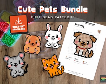 Fuse Beads Pattern | Cute Pets - 5 Adorable Designs: Dog, Cat, Mouse, Hamster, Bunny | Digital Download PDF (US & A4)