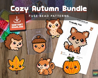 Patrón de cuentas fusibles | Otoño acogedor - 7 diseños adorables: zorro, ardilla, erizo, búho, bellota, calabaza y hoja de arce | Descarga digital en PDF (EE. UU. y A4)