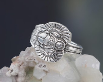 Scarab Beetle Ring Size 8 Antique Sterling Silver Plated Pewter Egyptian Gothic Statement Ring
