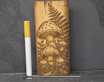 Wood Dugout Stash Box with Pick and One Hitter - Mushrooms