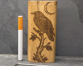 Wood Dugout Stash Box with Pick and One Hitter - Crescent Moon Raven Crow