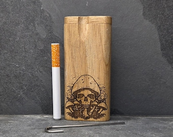Wood Dugout Stash Box with Pick and One Hitter - Mushroom Skull