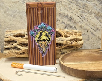 Psychedelic Mushrooms Smiley Face Teak Dugout with One Hitter