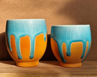 Japanese Ceramic Tea Cup | Traditional Kyo-Yaki Kiyomizu-Yaki Pottery | Dripping Turquoise Glaze on Warm Terracotta | Gift for Tea Lovers