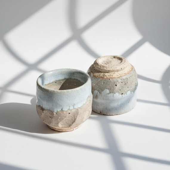 Vintage Japanese Yunomi Tea Cup Set, Rustic Stoneware With Blue