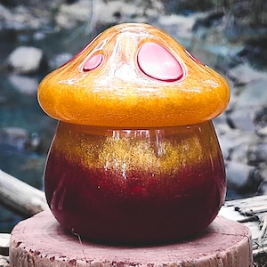 Cottagecore Mushroom Keepsake Box - Whimsical Toadstool Jar, Gold & Red Color Shift, Unique Fungi Decor, Handmade Jewelry Holder