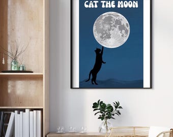 Gato e Lua – Arte de parede para impressão, pôster minimalista de gato e lua para download digital, decoração de parede