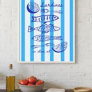 Sardines Wall Art – Coastal Kitchen Print, Blue & White Striped Nautical Fish Poster, 16x20 Digital Download