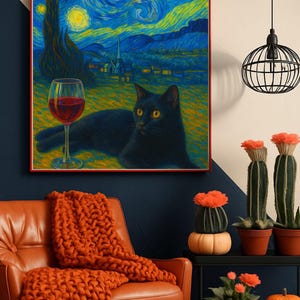 Sternenklare Nacht Katze Kunstdruck | Schwarze Katze mit Weinglas unter wirbelndem Mondhimmel | Van Gogh Stil Wanddekoration | Lebhaftes 16x20-Zoll-Leinwandposter