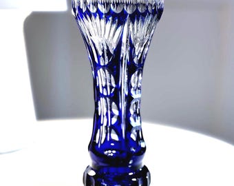 Bohemio, jarrón pequeño de cristal azul cobalto / Cristal europeo tallado a mano