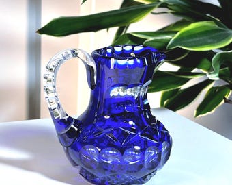Jarra de cristal de plomo azul cobalto / Jarra de cristal estilo boho con corte en espiral
