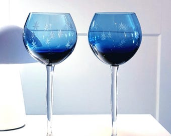 Copas Boho Starburst / Copas de vino de cristal azul cobalto