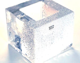 Vintage Kosta Boda Brick Crystal Votive, Anna Ehrner | Scandinavian Ice Glass Candle Holder