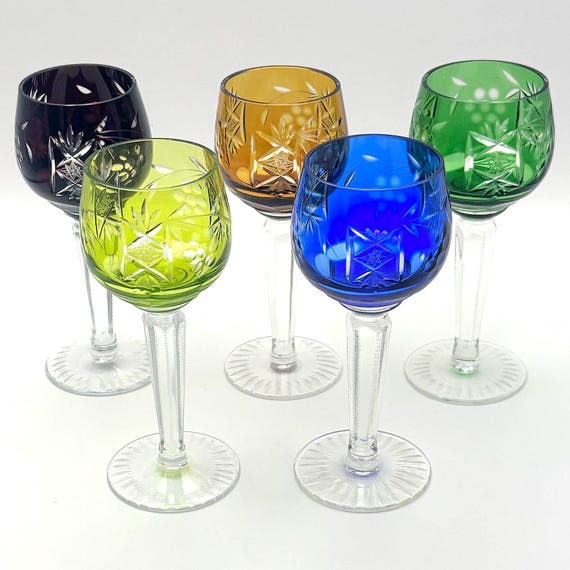 Bohemian, Set of 5 Colored Cut Crystal Cordial Glasses | Hand Cut Czech Crystal, 12.5 cm