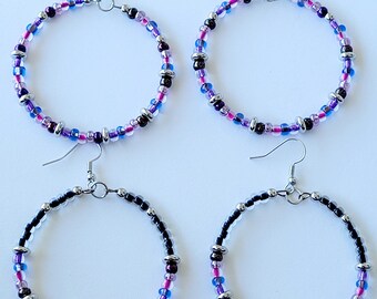Beaded Hoop Earrings, Beaded Dangle Seed Bead Earrings: Velvet Night