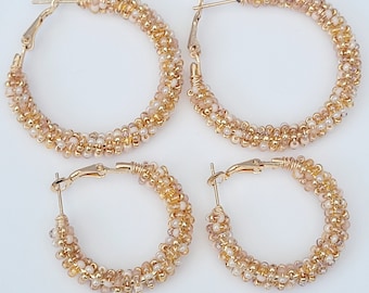 Beaded Hoop Earrings, Wrapped Bead Earrings, Seed Bead Earrings: Champagne Sand