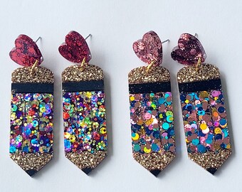Teacher Appreciation, Pencil Earrings, Resin Glitter Teacher Earrings