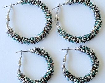 Beaded Hoop Earrings, Wrapped Bead Earrings, Seed Bead Earrings: Silver Sage