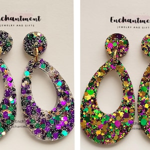 Mardi Gras Teardrop Dangle Earrings Stud Top
