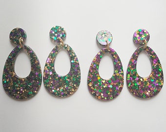 Medium Holographic Mardi Gras Glitter Resin Earrings, Dangle Earrings