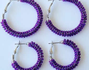 Beaded Hoop Earrings, Wrapped Bead Earrings, Seed Bead Earrings: Purple Elegance