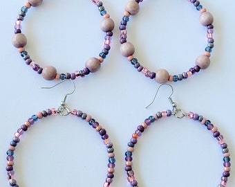 Beaded Hoop Earrings, Beaded Dangle Seed Bead Earrings: Lavender Falls