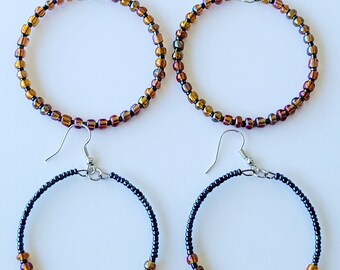 Beaded Hoop Earrings, Beaded Dangle Seed Bead Earrings: Autumn Night