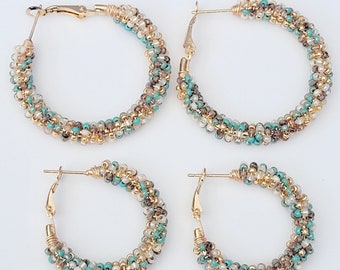 Beaded Hoop Earrings, Wrapped Bead Earrings, Seed Bead Earrings: Beachy Sage