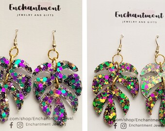 Mardi Gras Monstera Leaf  Glitter Earrings