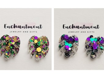 Mardi Gras Monstera Stud Earrings