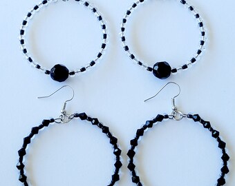 Beaded Hoop Earrings, Beaded Dangle Seed Bead Earrings: Midnight