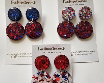 Pendientes Arletta: Pendientes de resina hechos a mano / Pendientes colgantes / Pendientes rojos, blancos y azules / Pendientes ligeros / Ratón oculto