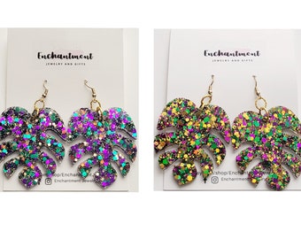 Mardi Gras Monstera Leaf  Glitter Earrings