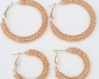 Beaded Hoop Earrings, Wrapped Bead Earrings, Seed Bead Earrings: Translucent Gold