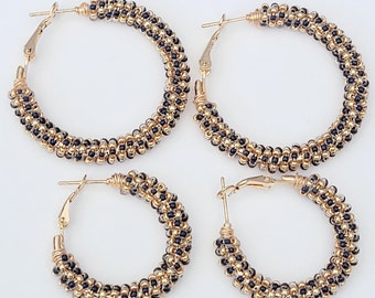 Beaded Hoop Earrings, Wrapped Bead Earrings, Seed Bead Earrings: Black and Gold