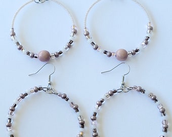 Beaded Hoop Earrings, Beaded Dangle Seed Bead Earrings: Neutral Lights