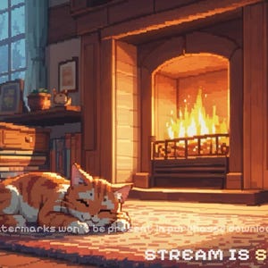 4 Animated Twitch Overlay Pack - Cozy Pixel Art Streaming Screens Twitch, YouTube - Starting, BRB, Ending, Offline - Cat and Fireplace Theme