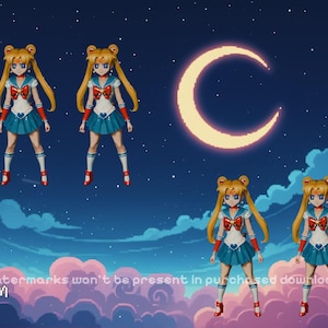 May include: Pixel art illustration featuring multiple Sailor Moon characters in their signature outfits. The background includes a crescent moon, clouds, and a starry night sky. The image has the text "Stream" and "Watermarks won't be present in purchased downloads".
