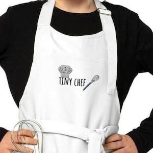 Embroidered Kids Apron &quot;Tiny Chef&quot;- 4 colours available, with pockets