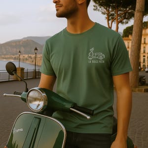 La Dolce Vita Embroidered T-Shirt – Minimal Vespa Outline, Retro Italian Summer Tee, Scooter Lover Gift, Classic Dolce Vita Style, Old Money
