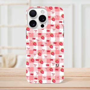 Cherry, Strawberry & Bows Phone Case- Pink squares